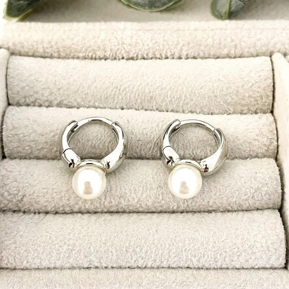 925 Sterling Silver Pearl Huggie Earrings Small Huggie Hoop Earrings - Picture 2 of 9